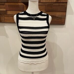Black and White Striped Crochet Knit Sleeveless Top Sweater